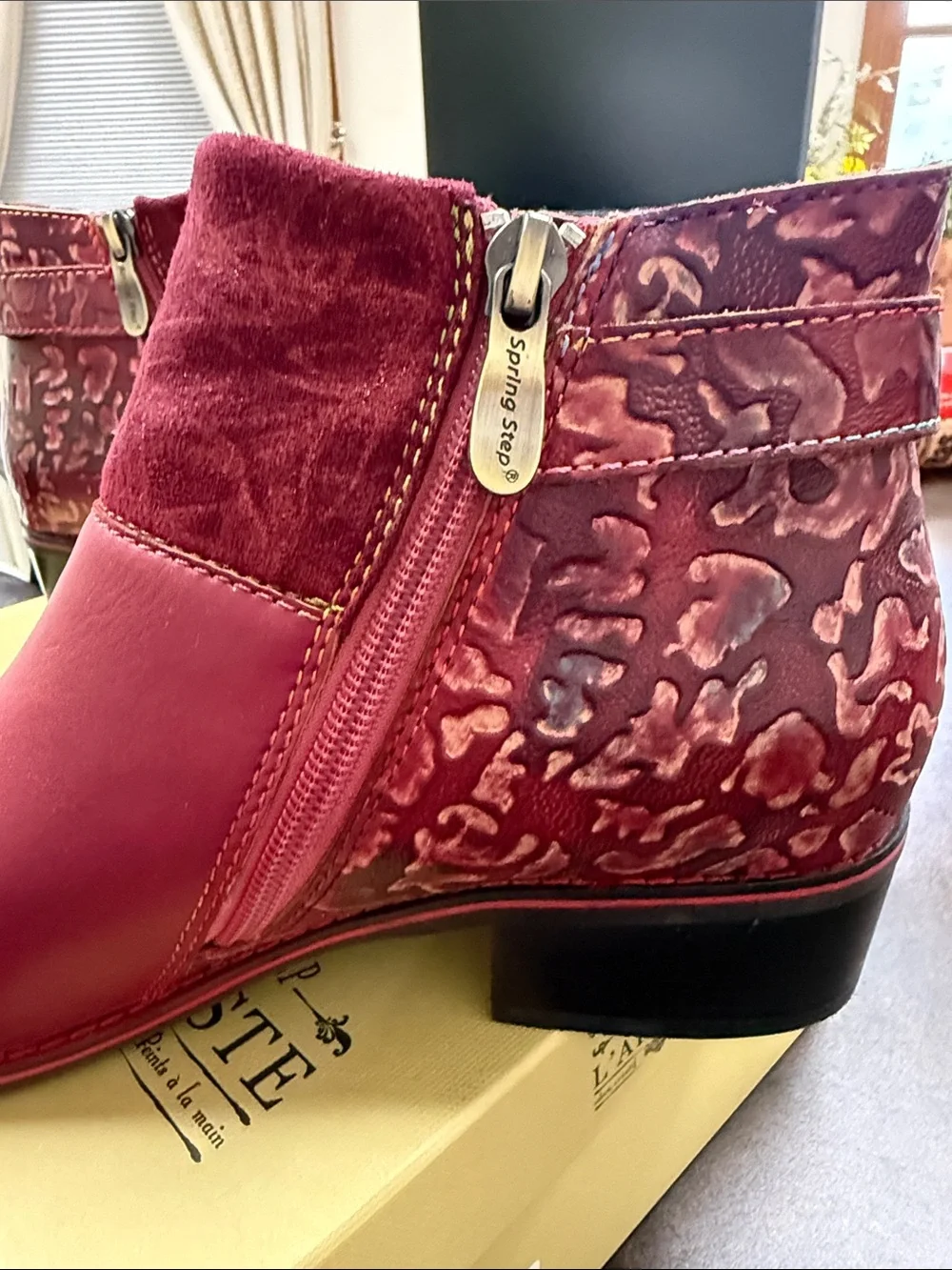 L'ATISTE Burgundy Leather & Suede Ankle Booties with Decorative Buckle